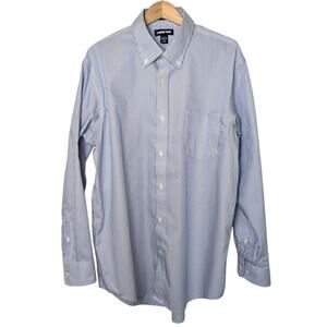Lands End Supima Cotton Stripe Blue White Oxford Long Sleeve Shirt Men Size L